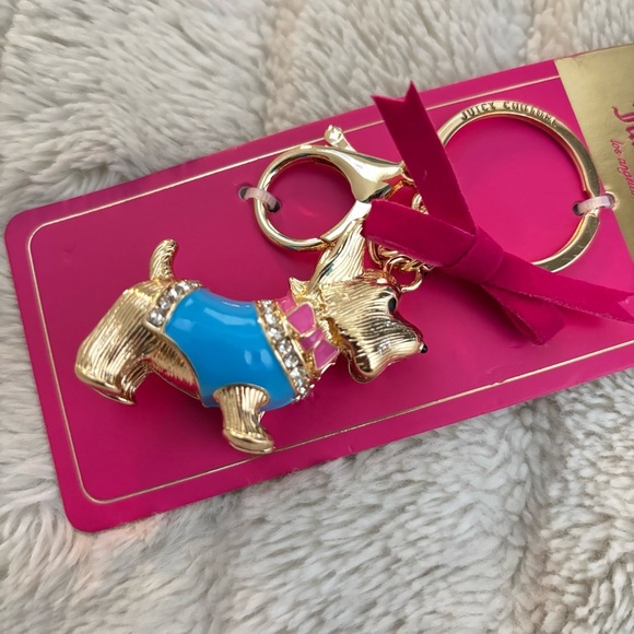 Juicy Couture Blue Pink and Gold Scottish Terrier Dog Keychain Bow Rhinestones - Picture 4 of 7